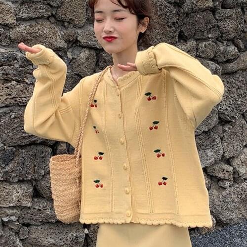 Cherry Embroidery Cardigan Women Top Loose Knit Jacquard Long Sleeve Sweaters Clothing 2020 Autumn Korean Vintage Knitted Coats
