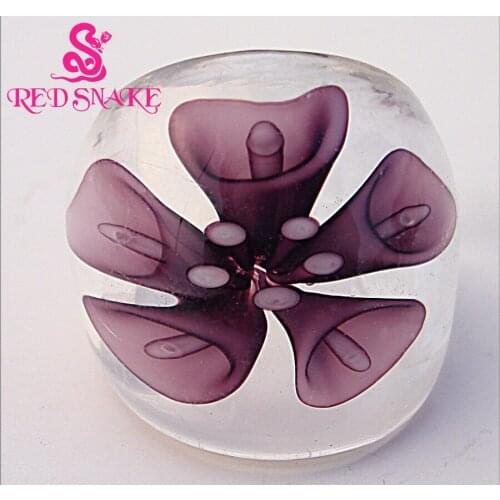 RED SNAKE Fashion Ring Handmade Transparent bottom with Purple jacinth Morning glory flower drawing opaque Murano Glass Rings
