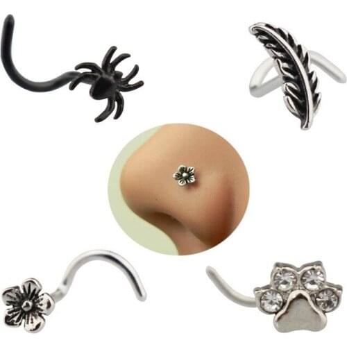 Punk Spider Feather Nose Ring Zircon Stainless Steel Nose Studs Fashion Women Men Body Piercing Jewelries