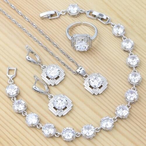 925 Sterling Silver Jewelry Set White Topaz Open Ring Earrings Crystal Bracelet Pendant Necklace Classic Bridal Jewelry Set