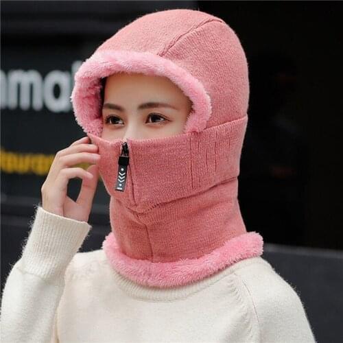 Fashion Zipper Women Winter Hats Plush Warm Balaclava Ladies Ring Hat With Full Face Mask Creative Breathable Facemask
