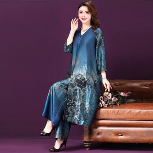 2 Pieces Fashoin spring autumn Set Women Wide Leg Pants Outfits Plus Size Luxury Set Women Clothes Print