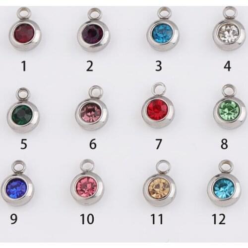 12Pcs/Lot Stainless Steel Birthstone Charms 6mm 6.5mm Rhinestones Month Birthstone Charms For DIY Jewelry Making Necklace