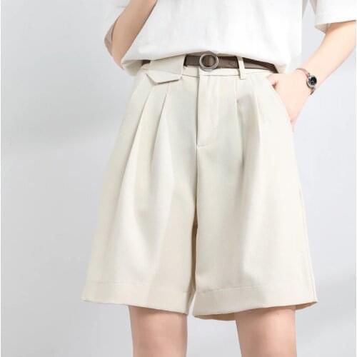 QOERLIN with Belted Bermuda Women Summer 2021 New High Waist Office Shorts Pocket Chic Solid OL Black Shorts Female Plus Size