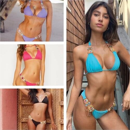 S-XL Stitched chain bikini set Crystal Multicolor Gemstone Diamond Sexy Embellished BikiniStrap Swimsuit string femme elegant F4