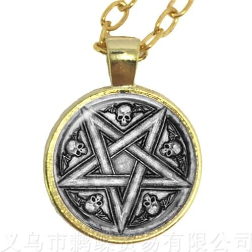 Mystic Pentacle Satanic Necklace Glass Cabochon Goth Pendant Wiccan Star Accessories Pray For Happiness Gift For Friends