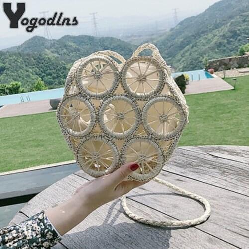 Straw Beach Bag Handmade Woven Round Rattan Bag With Braid Women Summer Bali Bohemia Shoulder Bag Hollow Crossbody Purses