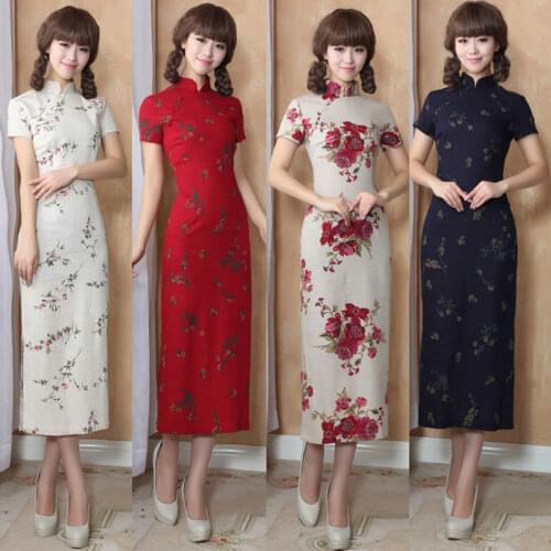 Vintage Elegant Women Long Cheongsam Dress Linen Cheongsams Long Qipao China Chinese Traditional Dress Clothes for Women