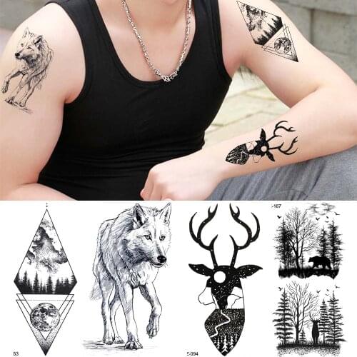 Reindeer Temporary Tattoo Black Deer Wolf Deer Men Tattoo Stickers Women Geometric Valley Horn Fake Waterproof Tatoos Elk