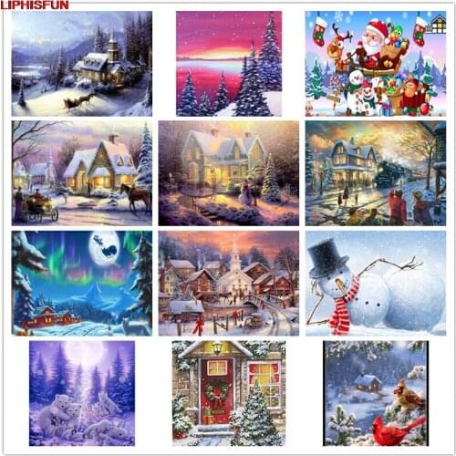 LIPHISFUN Handmade Cross Stitch Embroidery Diamond Painting Full Drill Home Decor Square/round scenery snowman house