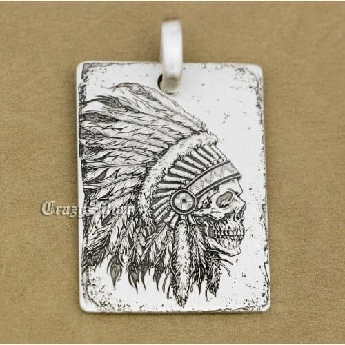 High Detail Deep Engraved 925 Sterling Silver Indian Chief Skull Dog Tag Mens Biker Rocker Punk Pendant 9X002