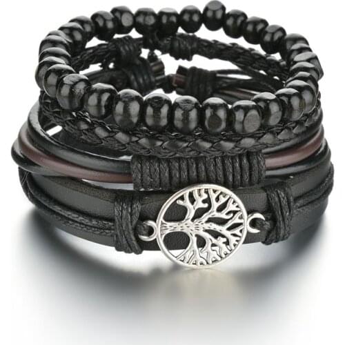 High Quality Hollow Tree of Life Charm Stackable Layered Bracelet Leather Braided Black Bracelet for Mens Hand Jewelry