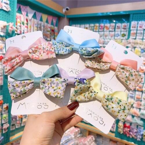 2021 New Korean Childrens Floral Fabric Bow Hairpin Kids Hair Accessories Sweet Girl Princess Fashion Duckbill Clip Headdress