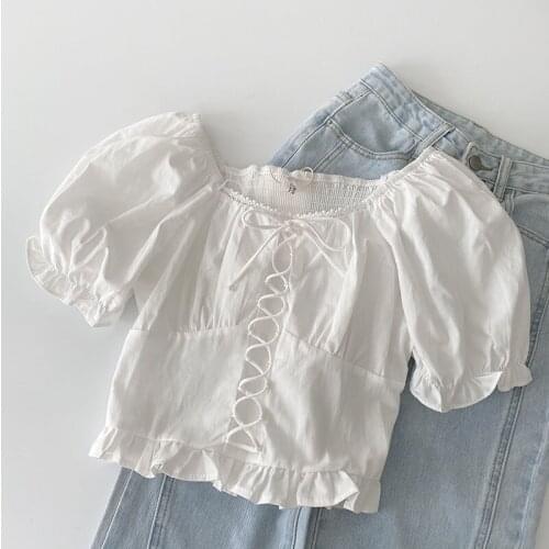 Sweet Style White Women Blouse Summer New Design 2021 Bandage Puff Sleeved Slash Neck Short All Match Female Pulls Tops