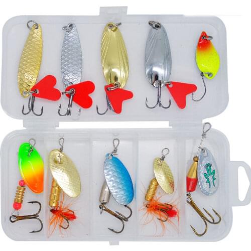 10PCS/Set Lure Metal Spinner Lure Spoon Set Sequins with Box Composite Rotating Colorful Sequin Bait