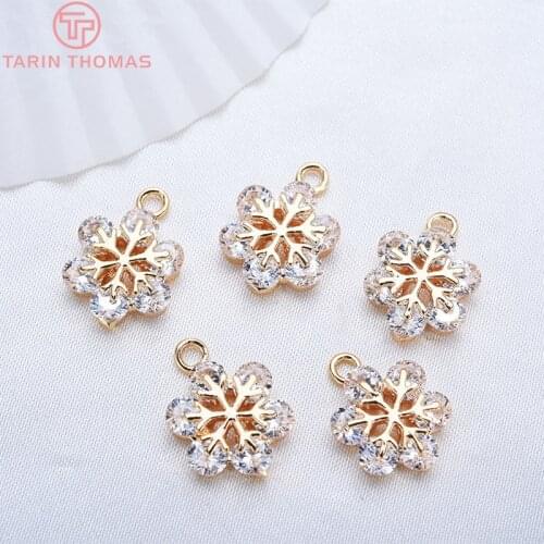 4PCS 13MM 24K Champagne Gold Color Plated Brass with Zircon Snowflake Charms Pendants High Quality Diy Jewelry Accessories
