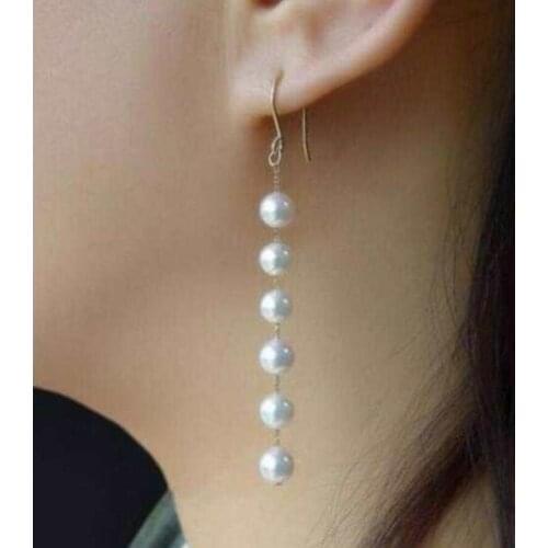 Free Shipping 10-9MM Genuine Natural round White South Sea Pearl Earring Yellow Gold hoo