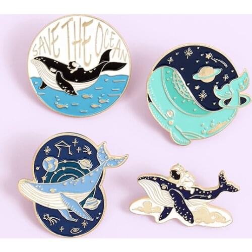 Blue Ocean Whale Enamel Pin Astronaut Space Cute Brooch Bag Clothes Lapel Pin Sasha Away Badge Cartoon Jewelry Gift For Kids