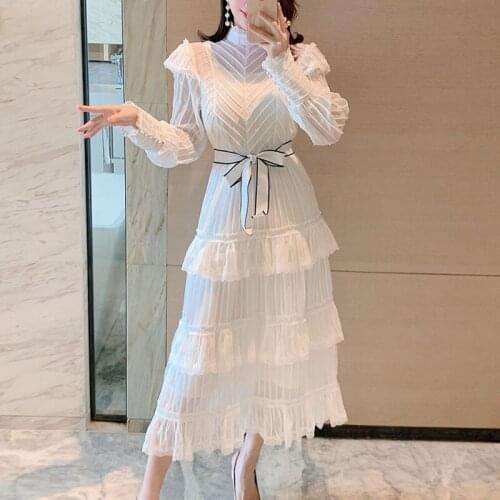 Elegant White Chiffon Lace Trimmed Dress Spring Women Long Sleeve Belt Cascading Ruffle High Waist Cake Princess Dresses