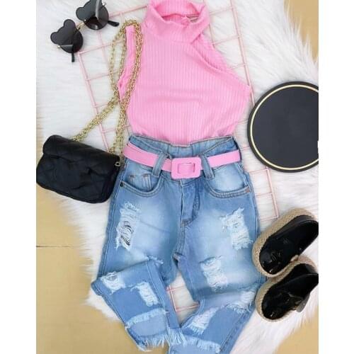 FOCUSNORM 1-6Y Fashion Summer Kids Girls Clothes Sets 2pcs Off Shoulder Halter Solid Tops Hole Blue Denim Pants
