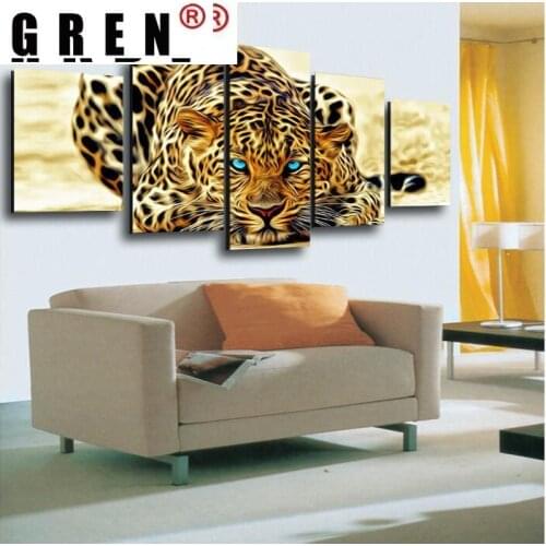 GREN 5 Panels Canvas Painting Abstract Blue Eyes Leopards HD Wall Picture Decorative Wall Art For Living Room Home Decoration