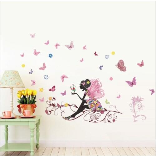 Beautiful Girl Butterfly Flower Art Wall Sticker For Home Decor DIY Personality Mural Child Room Nursery Decoration Print Poster