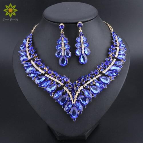 Fashion Indian Blue Rhinestone Wedding Jewelry Sets for Brides Bridal Necklace Earrings Set Party Costume Decoration for Women