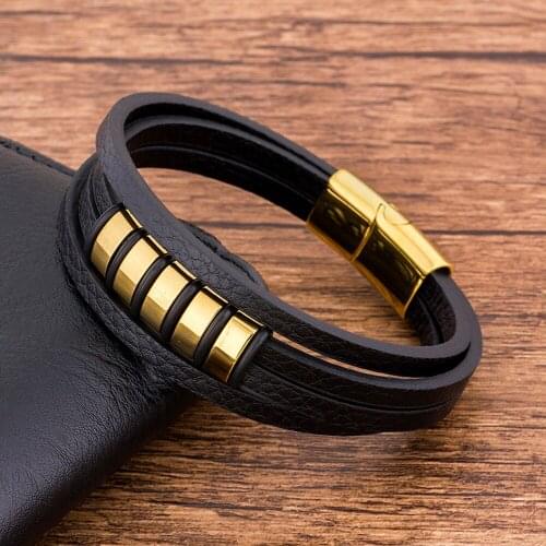 High quality wholesale Magnet Stainless Steel Genuine Leather Black Bracelets For Men Hand Jewelry Multilayer Punk Accesories