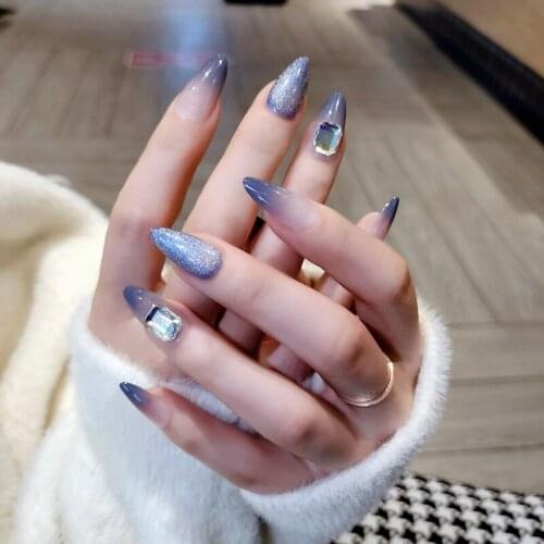 Fake Nails Sea Blue Long Flashing Big Diamonds Nail Stickers Finished Nail Stickers 24 Pcs Nail Stickers With Glue SK88