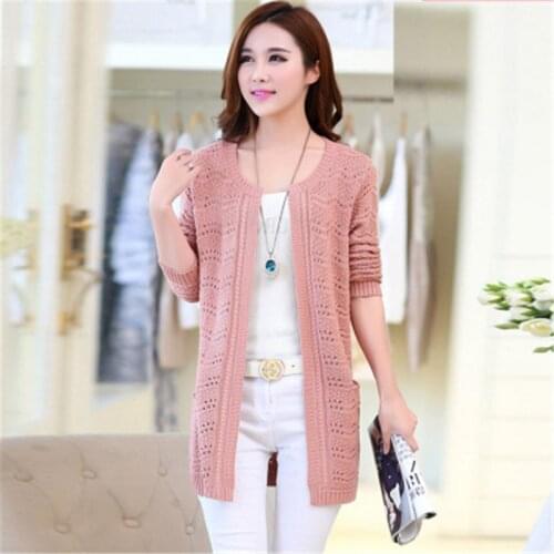 2018 New Womens O-Neck Pockets Thin Cashmere Sweater Solid Hollow Out Cardigan Hot Sale Spring Open Stitch Sweater Coat PZ396