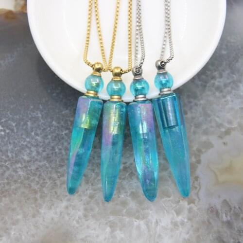 New! Blue AB Raw Crystal Points Perfume Bottle Necklace Pendants,Aura Quartz Spike Pen Essential Oil Diffuser Vial Charms Chains