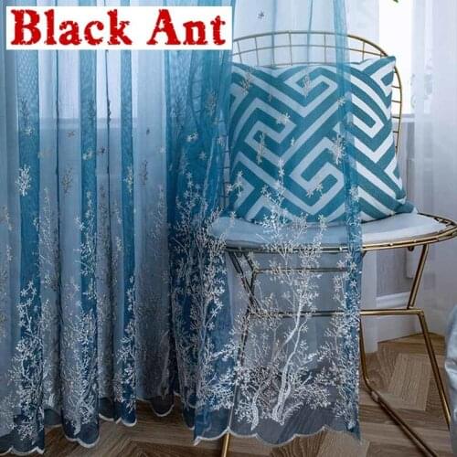 Nordic Gradient Blue Sheer Curtain For Living Room Tree Pattern Tulle Curtain For Bedroom Balcony Voile Drape Blinds X662#40