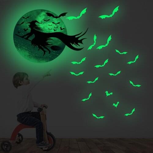 Luminous Moon Earth Witch Moon bats Wall Sticker For Kids Living Room Creative Fluorescent Bedroom Decorative Stickers