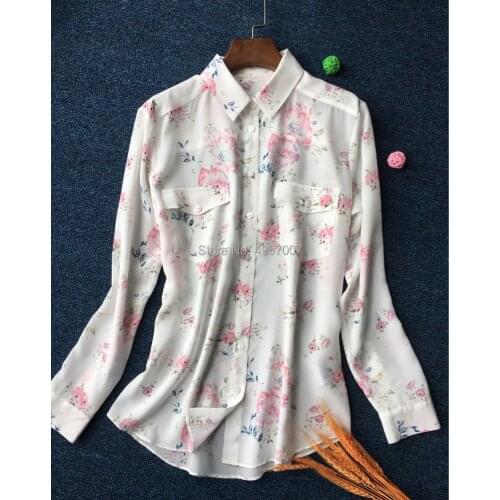 Top Version Ladies Silk 100% Long Sleeve Lapel Floral Printed Shirt Top - 2019 Spring Summer Casual Blouse Shirt