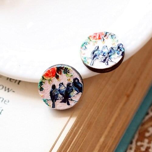 Unique 3D Birds Embossed 16mm Round Coloured Drawing pattern Laser Cut wood Cabochon DIY for Rings, Earring,Brooch,Necklace-333