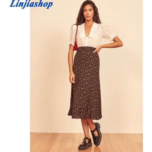 Vintage Long Flower Print Women Skirts Casual Slim Retro A-Line Midi Skirt holiday Ladies femme vestidos