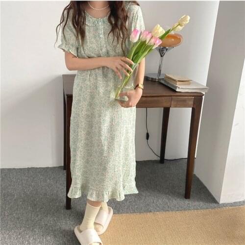 Korea pure cotton peter pan collar nightgowns women short sleeve ruffles loose sleepdress vintage print breathable homewear Y866