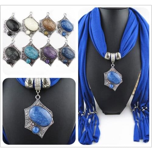 Fashion Polyester Tie dye Tassel Geometric alloy resin pendant Jewelry shawl big Solomon Necklace Women Alloy fittings Scarves