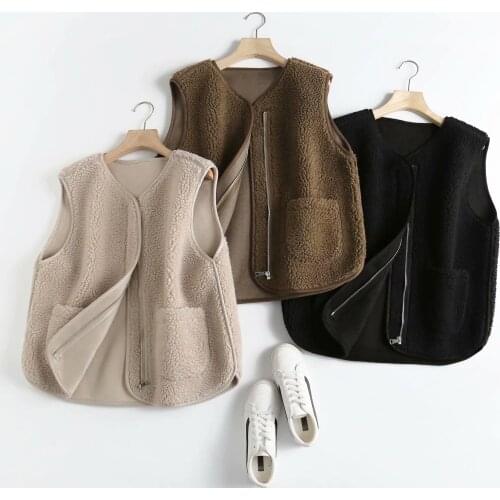 Autumn fleece vest coat women sleeveless fleece coat jacket v neck pockets streetwear casual vest