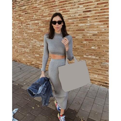 European and American Summer Casual Womens Grey High Collar Long Sleeve Jacket Knee Skirt Two-Piece Suit