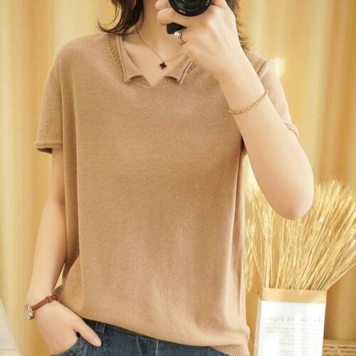 100% Pure Cotton Knitted Sweater Female Pullovers V-neck Short Sleeve Thin Loose Jumper Women T-shirt Solid Soft Tops Oversize