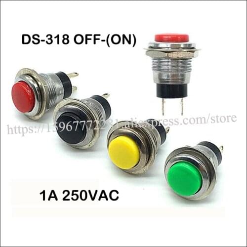 100PCS mini push button switch DS-318 OFF-(ON) 1A 250VAC 12mm Rocker Switch red yellow blue green white black