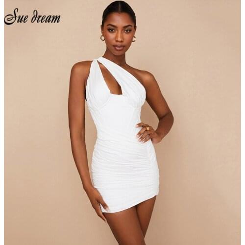 2021 Summer Womens New Sexy Sleeveless One Shoulder Hollow White Bodycon Mini Dress Fashion Celebrity Club Party Vestido