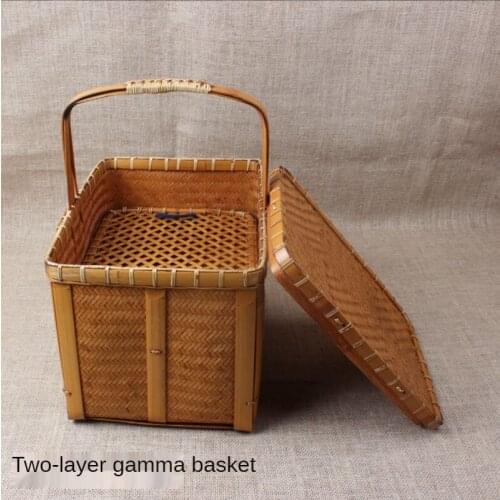 Bamboo woven basket, hand-held basket, all basket, tea ceremony storage bag with handle, rectangular storage retro tea sets