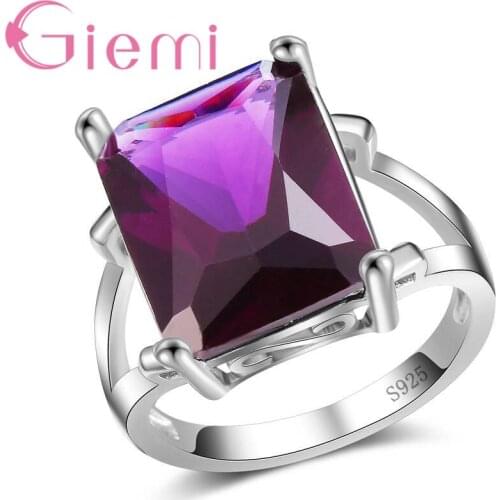 Genuine 925 Sterling Silver Women Rings Purple AAA Cubic Zircon Prong Setting Female Party Jewelry Rectangle Female Anel
