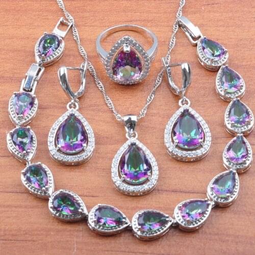 For Women Water Drop Jewelry Sets Rainbow Cubic Zirconia Silver Color Bracelet Jewelrry Necklace And Earrings Ring Set JS0103