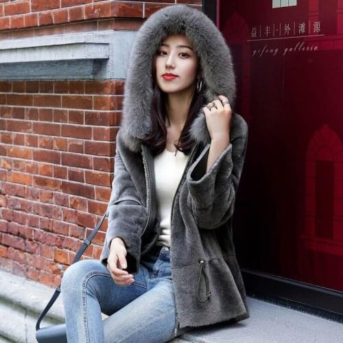 Sheep Shearling Jacket Natural Womns Real Hooded Fox Fur Collar Winter Coat Women Clothes 2020 FP29402