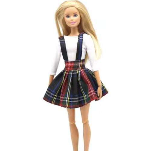 Fashion 2pcs/lot Suspender Skirt & Top White Shirt 1/6 BJD Clothes For Barbie Doll Dress Pleated Short Braces Skirt Accessories