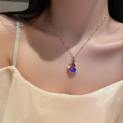 VSnow Fashion Purple Colorful Opals Gourd Pendant Necklace for Women Girls Shining Rhinestone Stainless Steel Necklace Jewelry