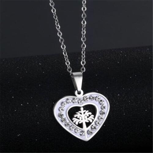Fashion Fine Stainless Steel Silver Color Pendant Necklace Plant Heart-Shaped Crystal Necklace for Women Jewelry Gifts